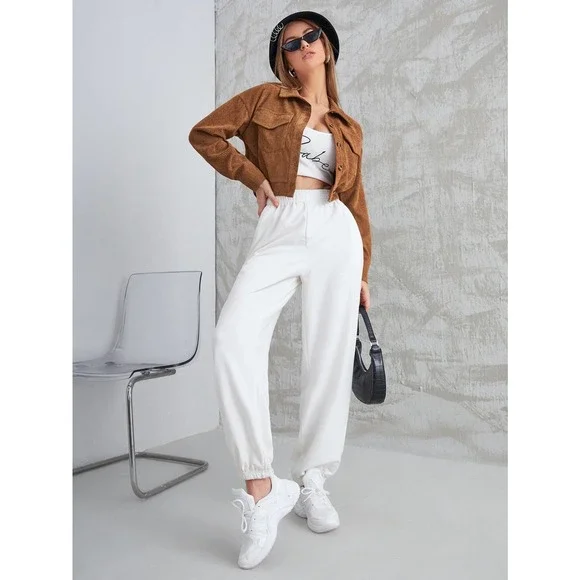 Corduroy Flap Pocket Button Up Crop Jacket trucker shacket - Picture 3 of 8